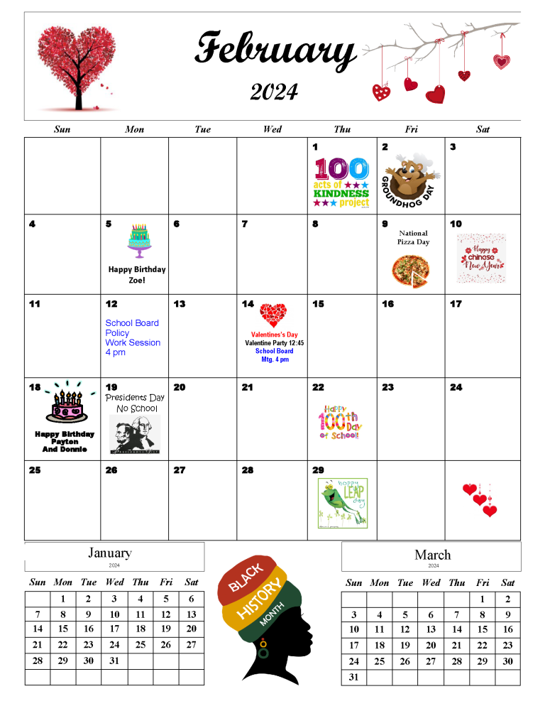 monthly calendar Feb. 2024 Pinehurst School