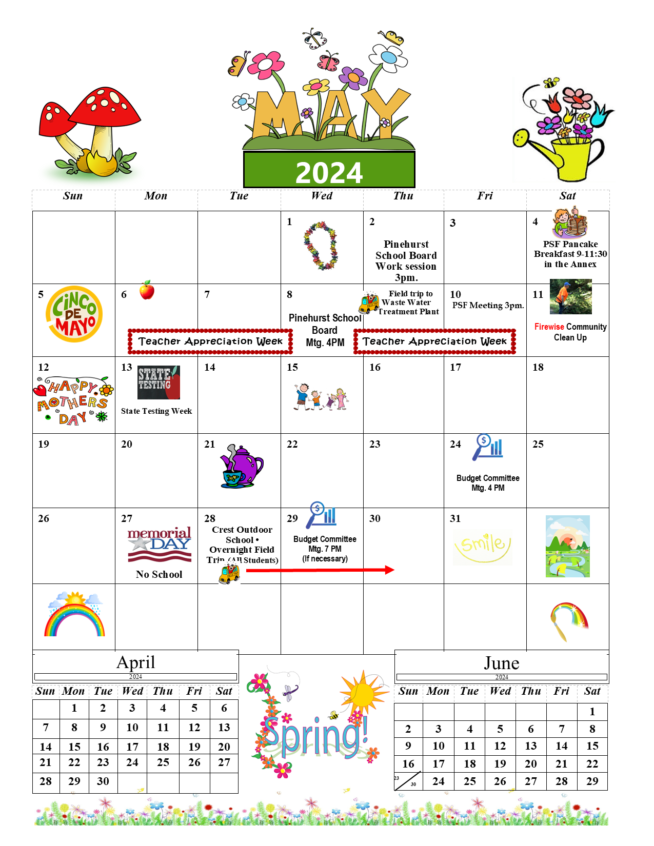 monthly calendar May 2024 Pinehurst School